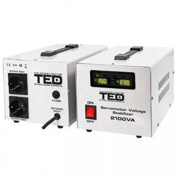 Stabilizator Tensiune Monofazat TED Electric TED000132, 1.2KW, ServoMotor, 2 Ieșiri Schuko, Ecran LCD