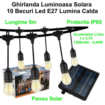 Ghirlandă Luminoasă Solară 5m cu 10 Becuri LED E27 – Lumină Caldă pentru Decor Exterior, Terasă, Grădină