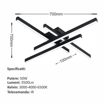 Lustră LED Axis Negru, 4 Brațe, 50W, 3530lm, 700x700x100mm