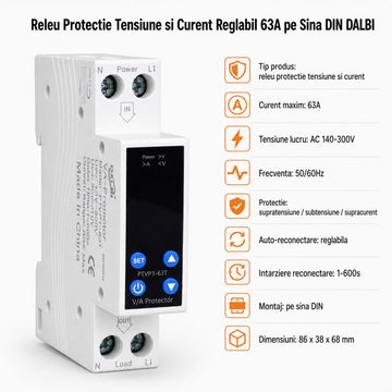 Releu Protecție Tensiune și Curent Reglabil 63A, Pe Șină DIN DALBI