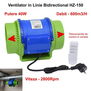 Ventilator Booster Bidirecțional 6'' (150mm), 40W, 600m3/h, Telecomandă