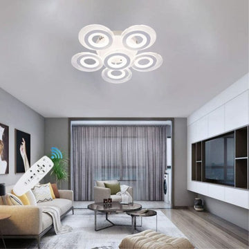 Lustră LED Cu 6 Brațe Cercuri, 150W, 3 Culori, Telecomandă, 550x130mm
