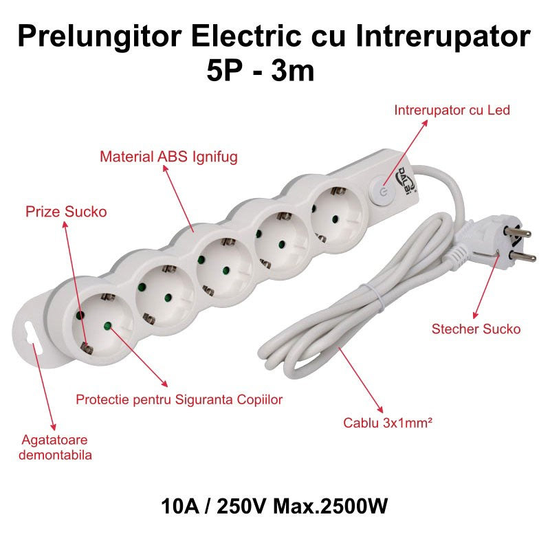 Prelungitor Electric cu 5 Prize, Intrerupător și Protecție pentru Copii – Cablu 3m 3x1mm pentru Acasă sau Birou