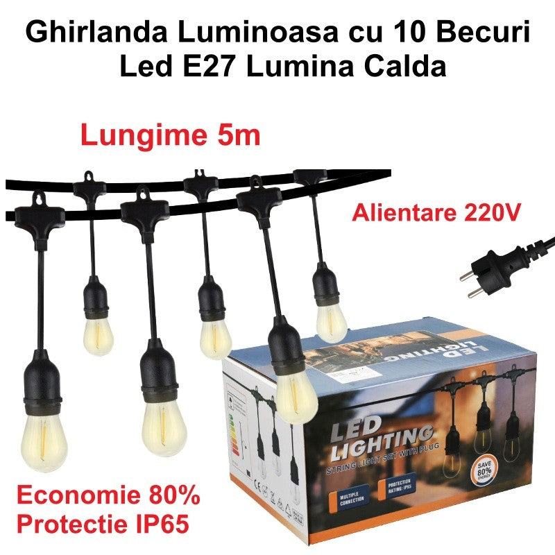 Ghirlandă Luminoasă LED 5m cu 10 Becuri E27 – Lumină Caldă 220V pentru Decorare Interioare și Exterioare