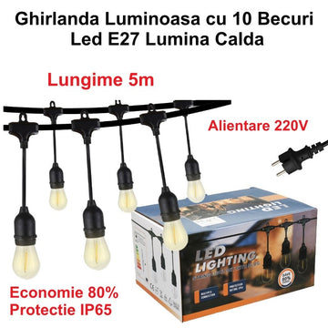 Ghirlandă Luminoasă LED 5m cu 10 Becuri E27 – Lumină Caldă 220V pentru Decorare Interioare și Exterioare