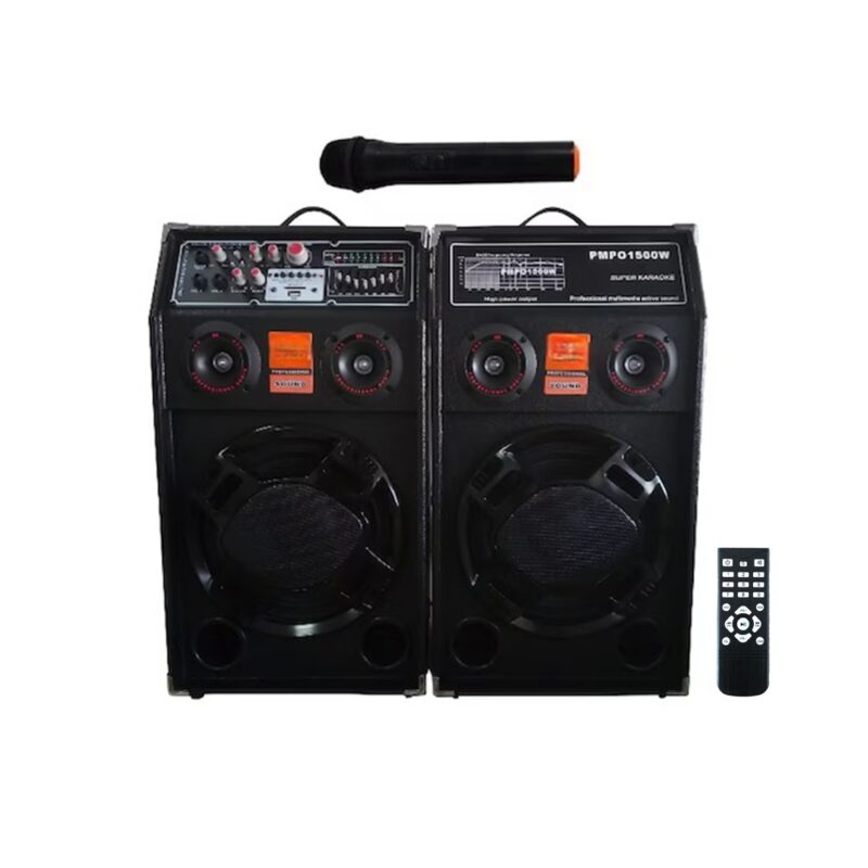 Set 2 Boxe Active Profesionale Smart Bass 284 cu Bluetooth, USB, SD Card, Jocuri de Lumini, Amplificator și Egalizator – Microfon Wireless și Telecomandă pentru Evenimente