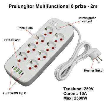 Prelungitor Multifuncțional 2m cu 8 Prize și 3 x USB 2.1A, 2 x PD și Intrerupător – Soluție Ideală pentru Birou sau Acasă