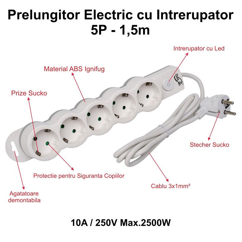 Prelungitor Electric cu 5 Prize, Cablu 3x1mm, Lungime 1.5m - Extensie pentru Casă și Birou