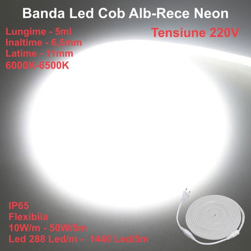 Banda LED Neon Flex Alb-Rece 288 LED/m, IP65, 10W/m – Rola de 5m pentru Iluminat Exterior și Decorare