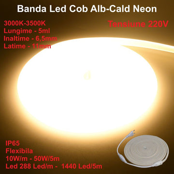 Banda LED COB Neon Flex 288 LED/m 3000K IP65 10W/m – Iluminat Flexibil pentru Interior și Exterior, Decorare și Ambientare