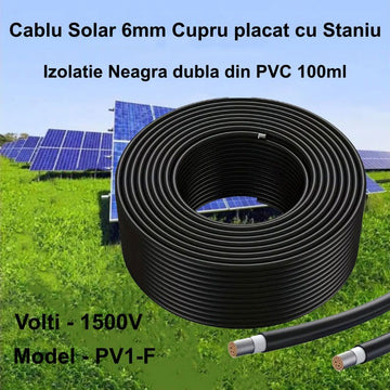 Cablu Solar PV1-F 6mm Negru cu Cupru Placat cu Staniu și Izolație Dublă PVC – 100ml/Rol pentru Sisteme Fotovoltaice