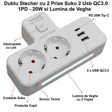Stecher Dublu Multifuncțional cu 2x USB QC3.0 și 1x PD 20W – Încărcător cu Lumină Veghe pentru Acasă sau Birou