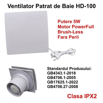 Ventilator Patrat de Baie HD100, 5W, Motor Fără Perii