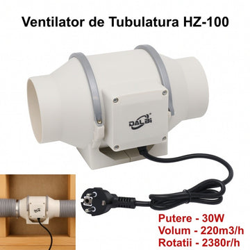 Ventilator Profesional pentru Tubulatură HZ-100, 30W, Debit 220m3/h, Ø100mm