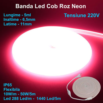 Banda LED COB Neon Roz Intens, 288 LED/m, 10W/m, IP65, Rola de 5m pentru Iluminat Decorativ Interior și Exterior