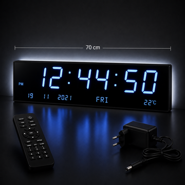 Ceas Digital LED 70 cm cu Telecomandă – Afișaj Oră, Dată, Temperatură, Alarmă, LED Albastru