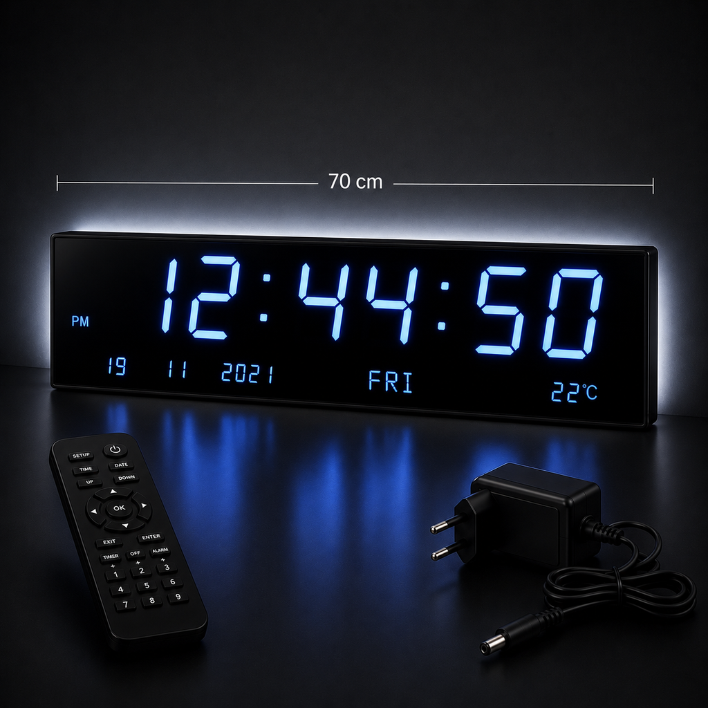 Ceas Digital LED 70 cm cu Telecomandă – Afișaj Oră, Dată, Temperatură, Alarmă, LED Albastru