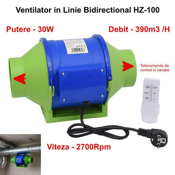 Ventilator Booster Bidirecțional 4'' (100mm), 30W, 390m3/h, Telecomandă
