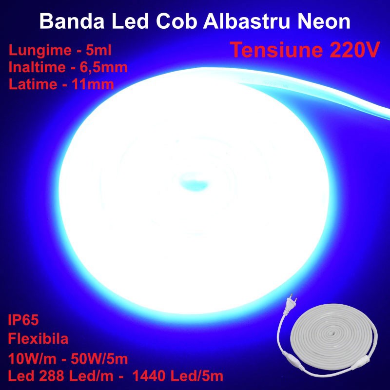 Banda LED COB Albastru Neon Flexibil 5m, 288 LED/m, IP65, 10W/m – Iluminare Decorativă pentru Interior și Exterior
