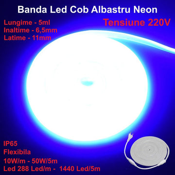 Banda LED COB Albastru Neon Flexibil 5m, 288 LED/m, IP65, 10W/m – Iluminare Decorativă pentru Interior și Exterior