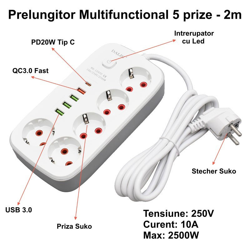 Prelungitor Multifuncțional 2m cu 5 Prize și 4 Porturi USB 2.1A, PD – Cu Întrerupător pentru Birou și Acasă