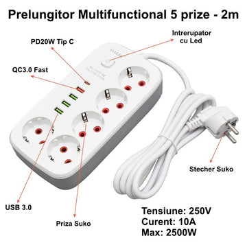 Prelungitor Multifuncțional 2m cu 5 Prize și 4 Porturi USB 2.1A, PD – Cu Întrerupător pentru Birou și Acasă