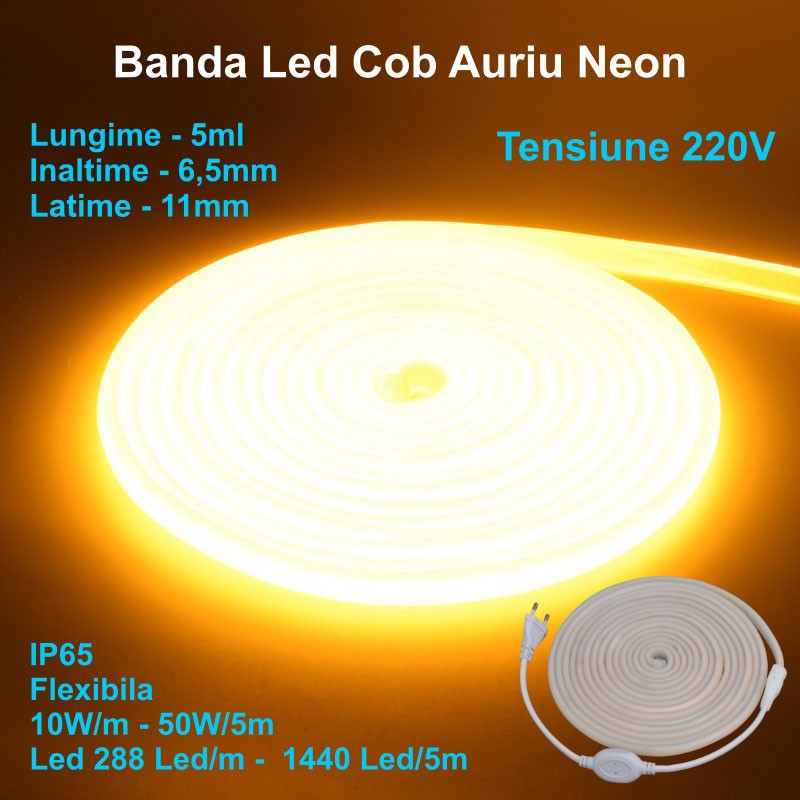 Banda LED Neon Flex 5m cu 288 LED/m, IP65, 10W/m - Iluminare Galben Auriu pentru Decorare Interioare și Exterioare