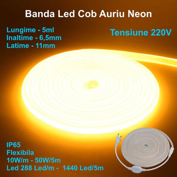 Banda LED Neon Flex 5m cu 288 LED/m, IP65, 10W/m - Iluminare Galben Auriu pentru Decorare Interioare și Exterioare