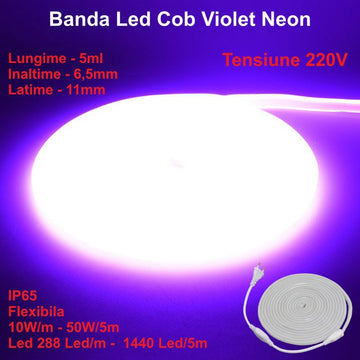 Banda LED COB Neon Violet Flexibilă 5m, 288 LED/m, IP65, 10W/m – Iluminare Decorativă pentru Interior și Exterior
