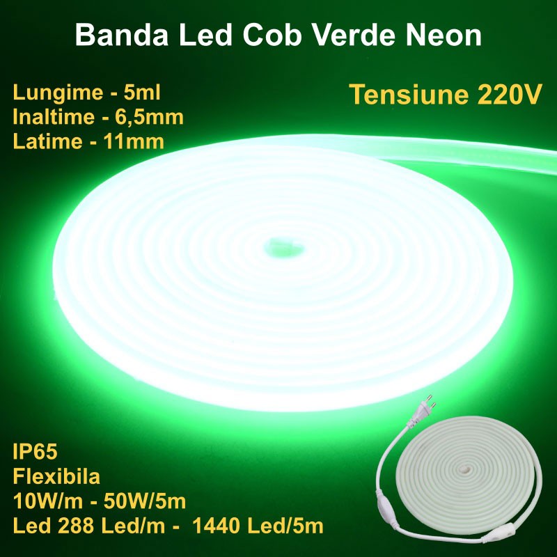 Bandă LED COB Neon Flex Verde Smarald 288 LED/m, 10W/m, Rola 5m, IP65 – Iluminat Exterior și Interior pentru Decorare și Ambianță