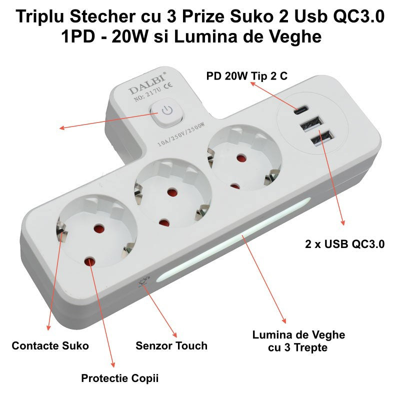 Ștecher Triplu Multifuncțional cu 2 Porturi USB QC3.0 și 1 Port PD 20W – Adaptor cu Lumină Veghe pentru Acasă sau Birou