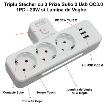 Ștecher Triplu Multifuncțional cu 2 Porturi USB QC3.0 și 1 Port PD 20W – Adaptor cu Lumină Veghe pentru Acasă sau Birou