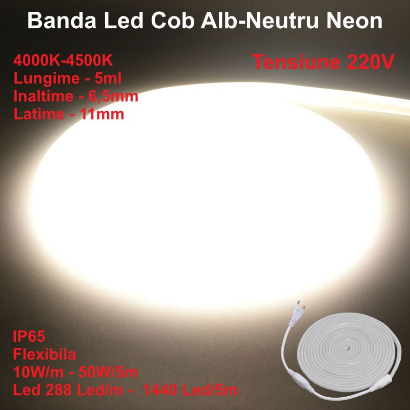 Banda LED COB Neon Flex 4000K - 288 LED/m, IP65, 10W/ml, Rola de 5m pentru Iluminat Interior și Exterior