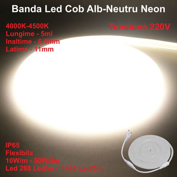 Banda LED COB Neon Flex 4000K - 288 LED/m, IP65, 10W/ml, Rola de 5m pentru Iluminat Interior și Exterior