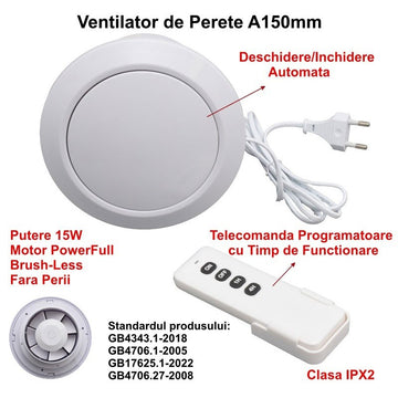 Ventilator Rotund de Baie A150, 15W, Clapetă Automată, Telecomandă Programatoare, IPX2