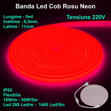 Bandă LED COB Roșu Intens Neon Flexibil 5m, 288 LED/m, IP65, 220V, 10W/ml – Iluminat Decorativ pentru Interioare și Exterioare