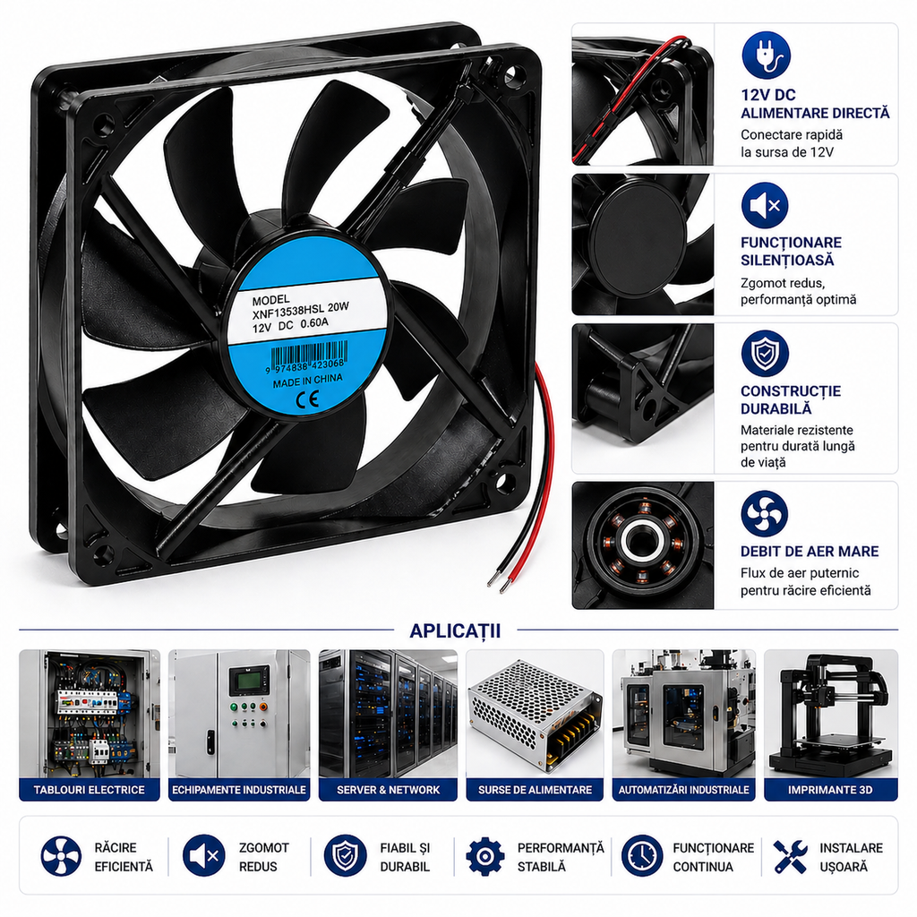 Ventilator 12V 120x120x25mm – Ventilator Silențios cu Design Compact pentru Răcire PC, Electronice și Proiecte DIY