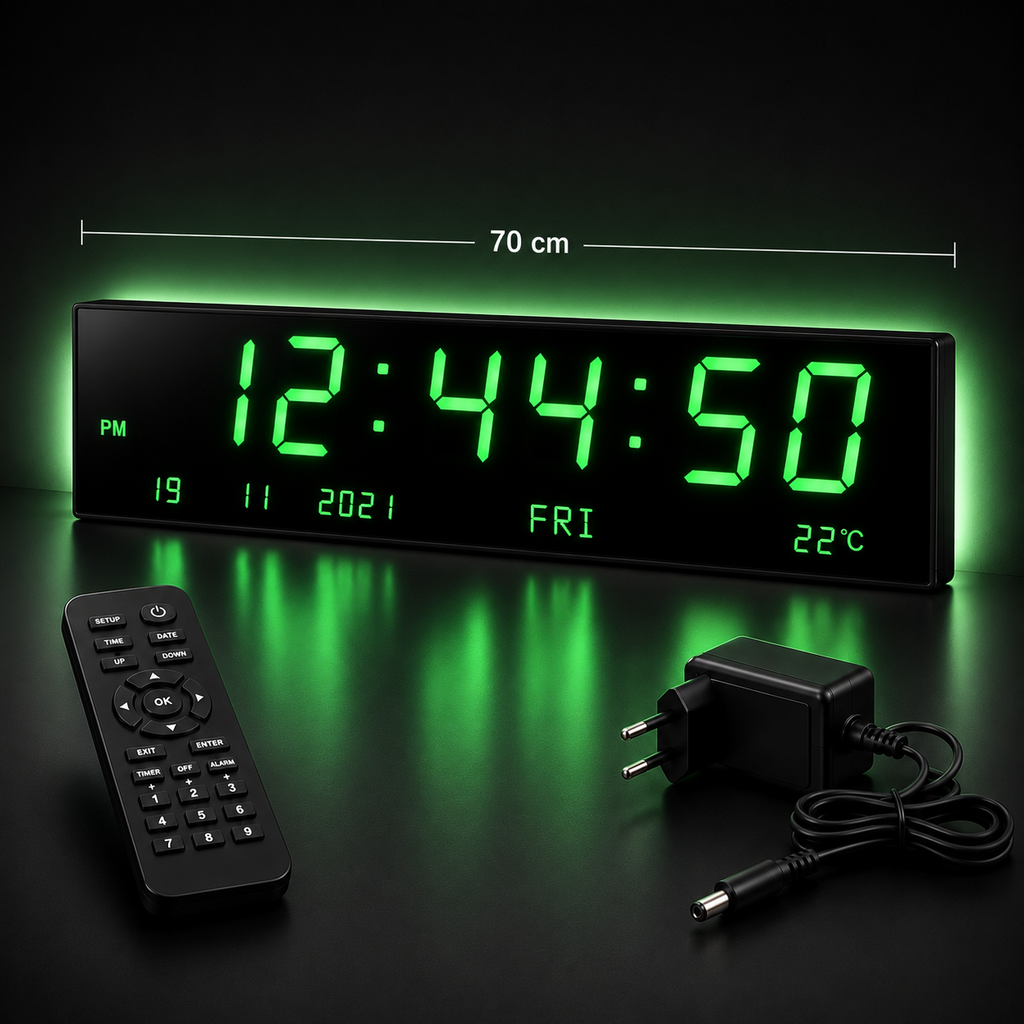 Ceas Digital LED 70 cm cu Telecomandă – Afișaj Oră, Dată, Temperatură, Alarmă, LED Verde