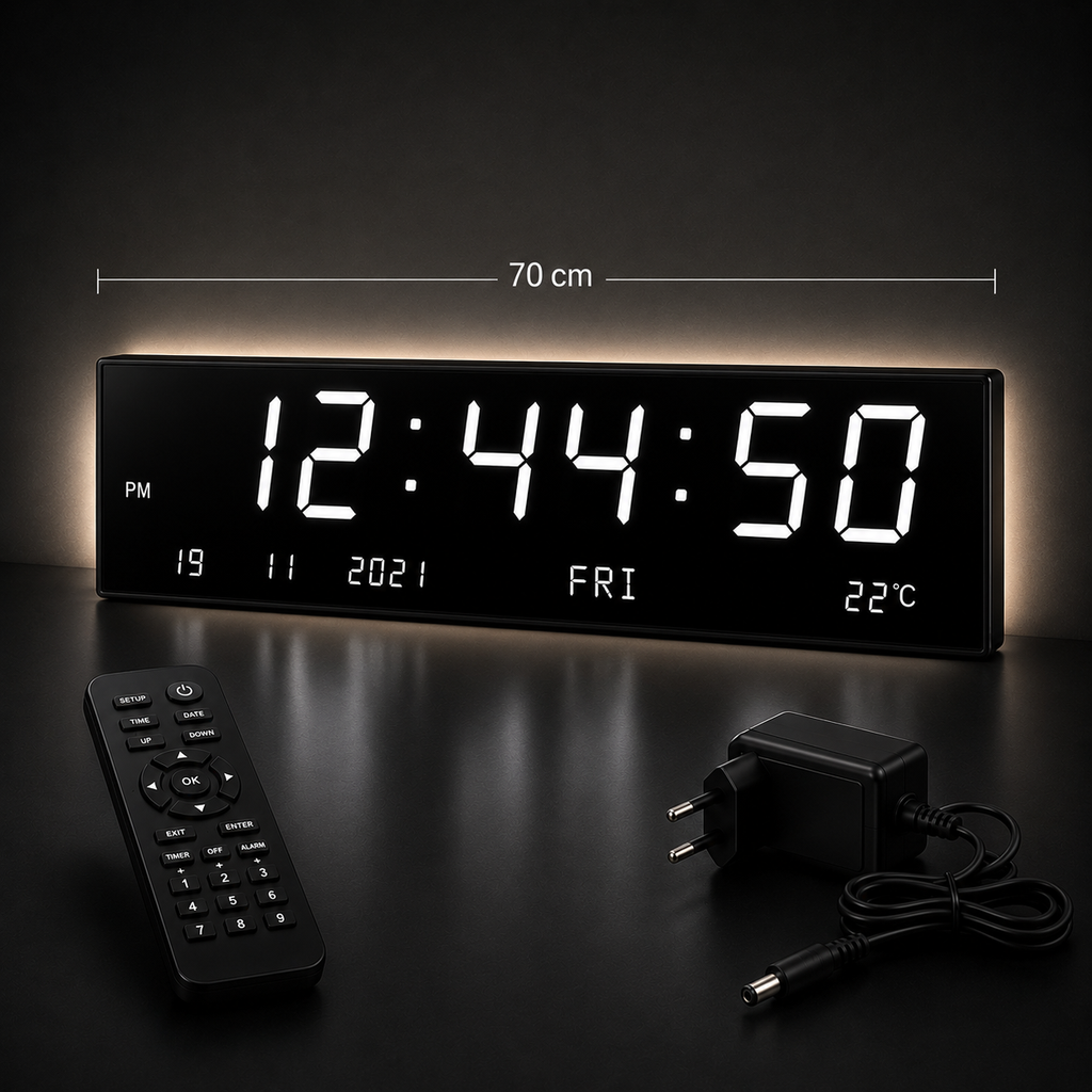 Ceas Digital LED 70 cm cu Telecomandă – Afișaj Oră, Dată, Temperatură, Alarmă, LED Alb