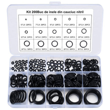 Set 200 Bucăți Inele din Cauciuc Nitril - Accesorii pentru Etanșare și Protecție în Proiecte Industriale și DIY