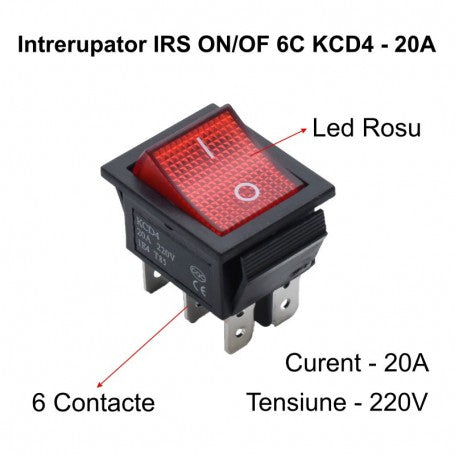 Intrerupător IRS Lat 20A cu LED Roșu 6P ON/OFF KCD4