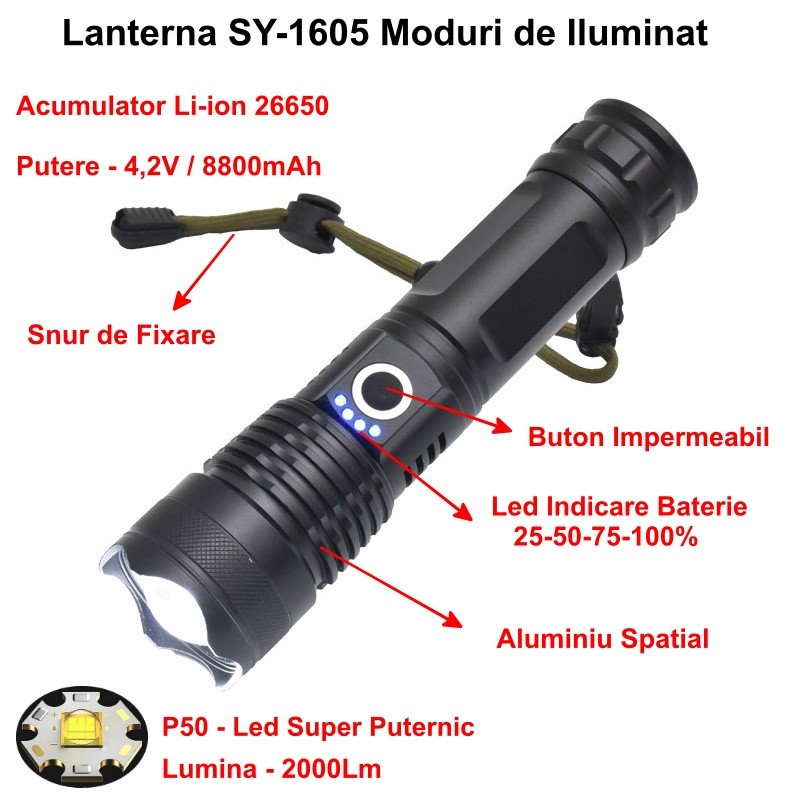 Zseblámpa 5 világítási mód Led P50-el és Zoom SY-1605-tel