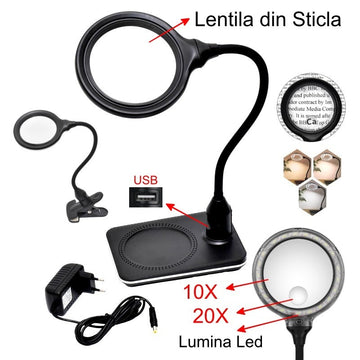 Lupă de Mărire 10X și 20X din Sticlă cu Suport și Clește – 3 Culori de Lumină pentru Activități de Detaliu, Artizanat sau Inspecție
