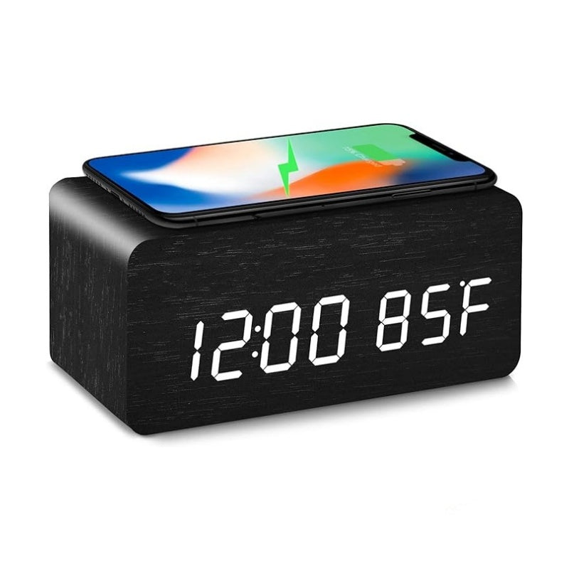 Ceas Digital de Masa cu Incarcare Wireless, Led Alb, Temperatura, Alarma, Comanda Vocala, 3 Trepte de Lumina, 17x8x7 cm, Negru
