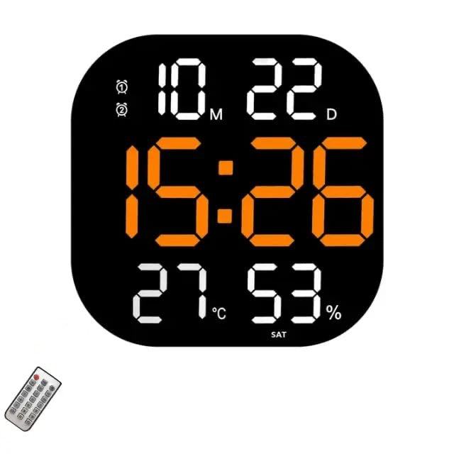 Ceas Digital de Masa si de Perete cu Lumina Led Portocaliu, Calendar, Cronometru, Temperatura, Alarma, Termometru, Functie Snooze, Luminozitate Adjustabila, 32x32cm