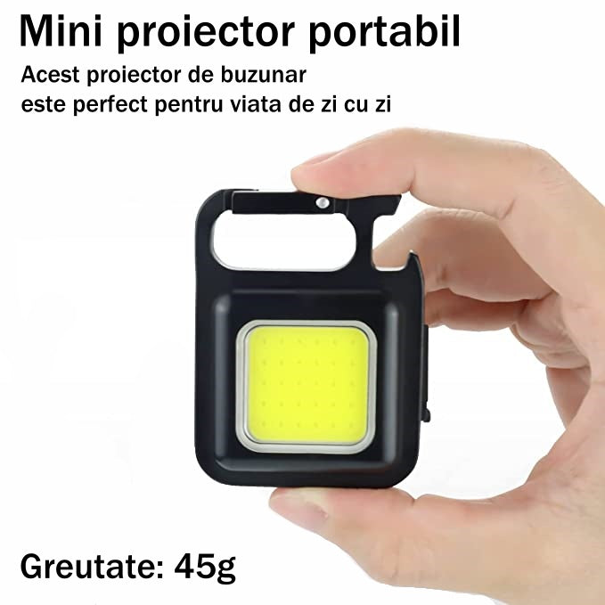 Mini Proiector Led Portabil Tip Breloc, Port Type C, Rezistent la Apa, Magnet, 4 Moduri de Lumina, Perfect Pentru Pescuit, Camping, Drumetii, Ciclism, Negru - Frize