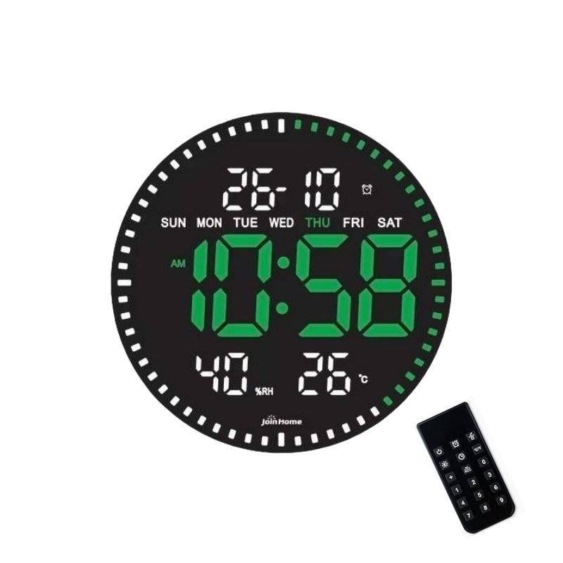 Ceas Digital de Perete cu Lumina Led Verde, Secundar, Calendar, Temperatura, Termometru, Cronometru, Telecomanda, Afisare Umiditate, 28cm