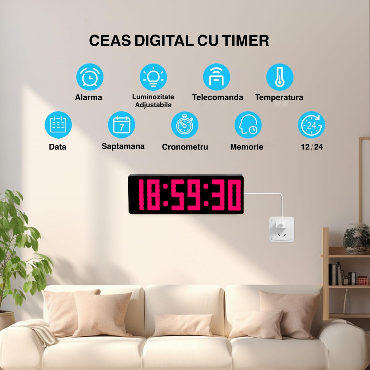 Ceas Timer Ceas Digital de Masă și Perete 32cm cu Afișaj LED Roz – Cronometru ...
