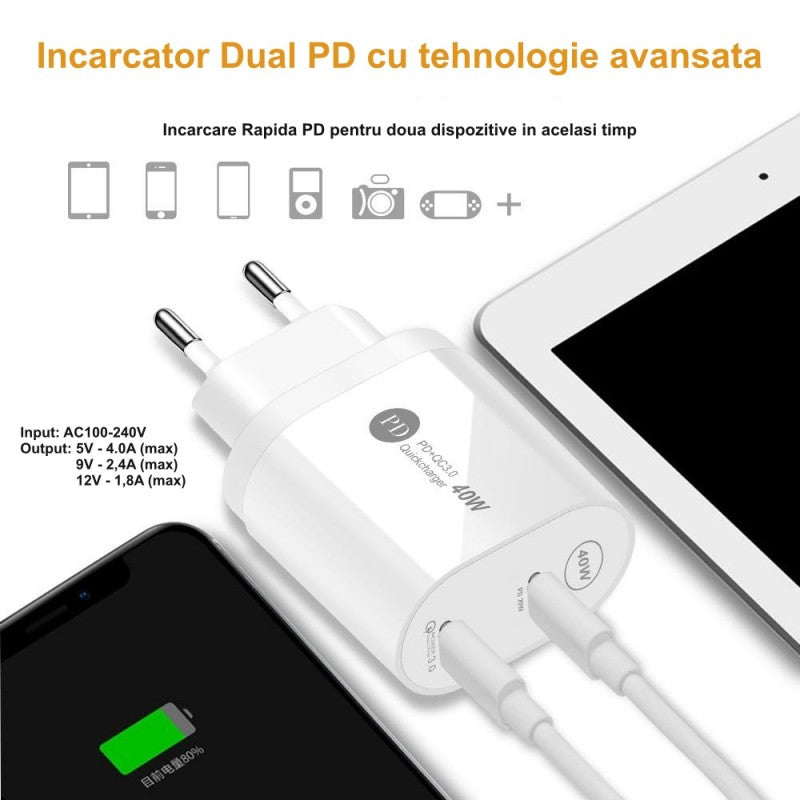 Incarcator Rapid VTM. Compatibil cu Apple/Samsung/Huawei/Motorola/Xiaomi, 40W Dual PD Tip C - 20W+20W, Alb