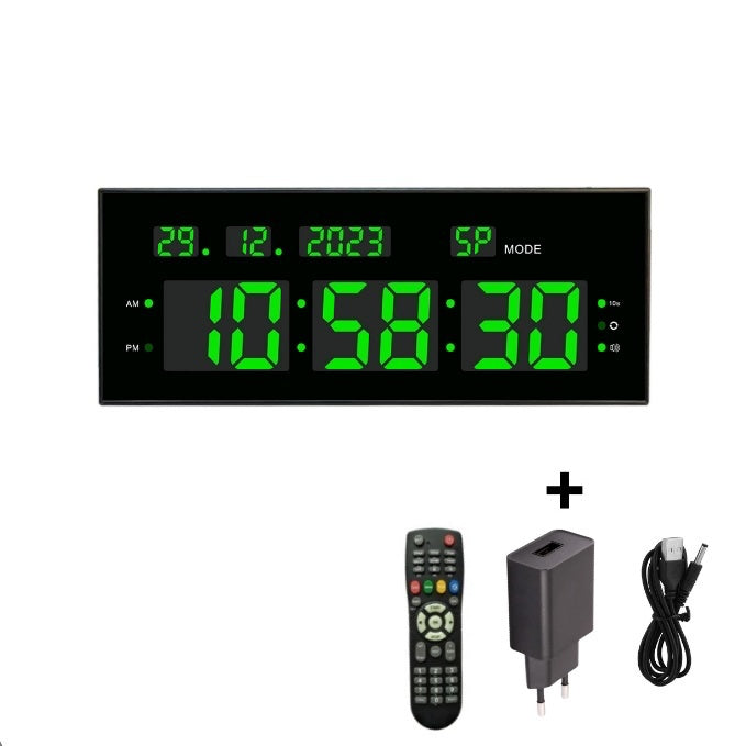Ceas Digital cu Cronometru de Masa si de Perete cu Lumina Led Verde, Calendar, Timer, Alarma, Luminozitate Adjustabila, 32x12cm